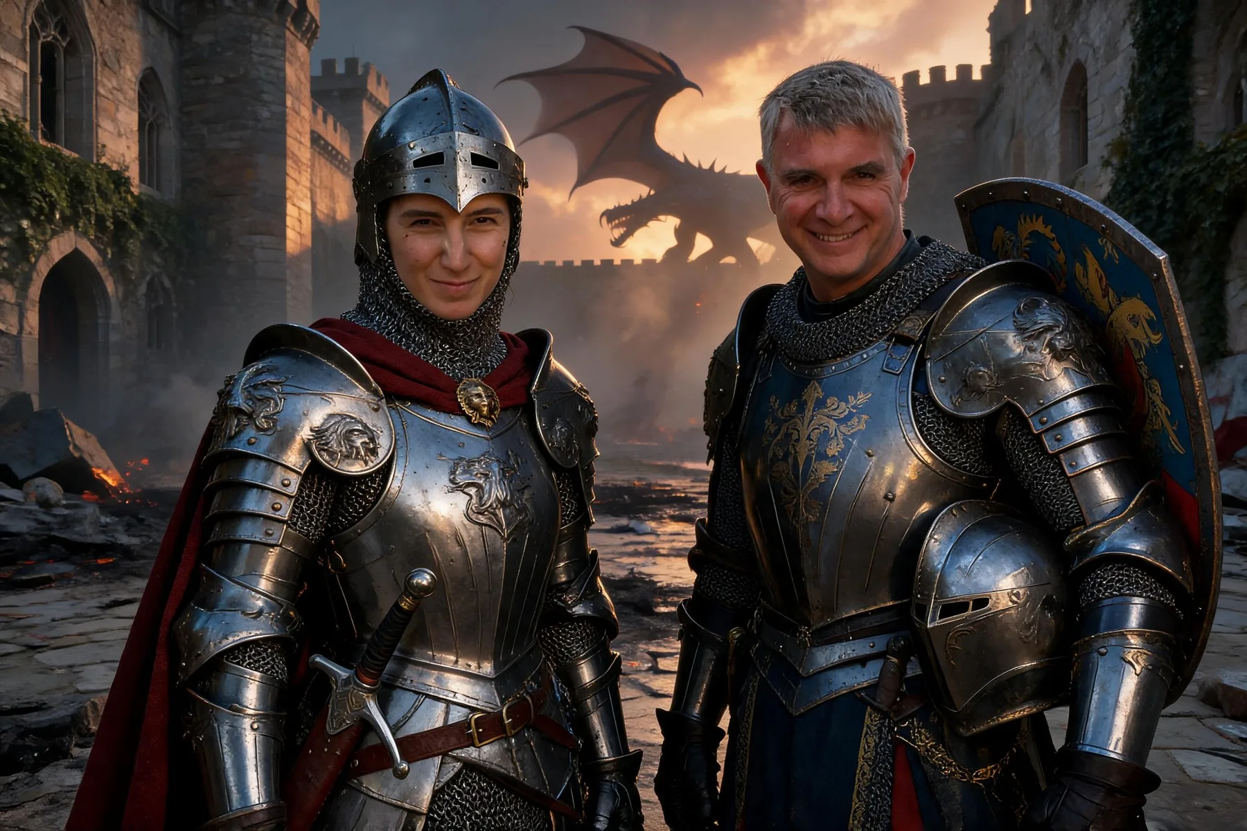 Chevaliers médiévaux avec dragon — résultat IA FuturBooth