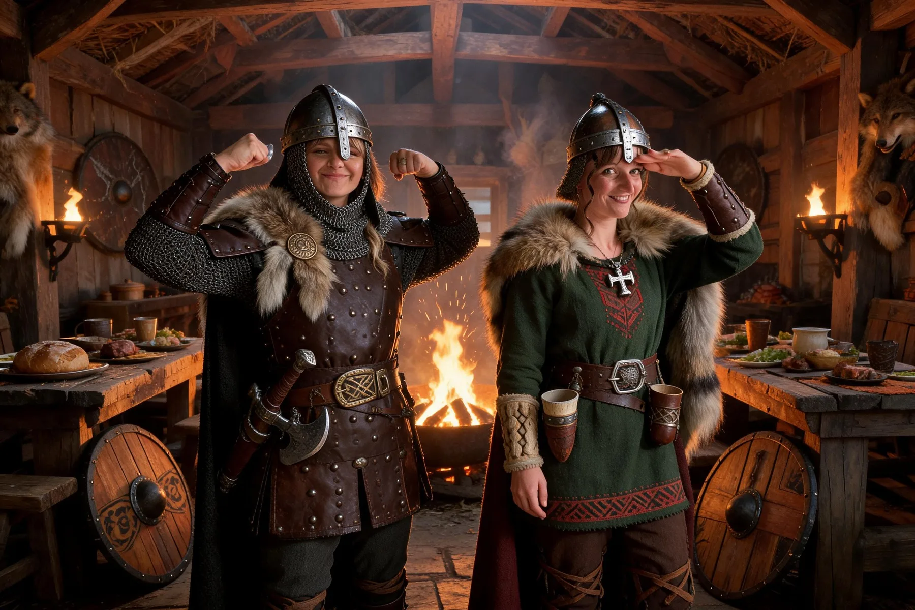 Vikings en armure dans une salle de banquet médiévale — résultat IA FuturBooth