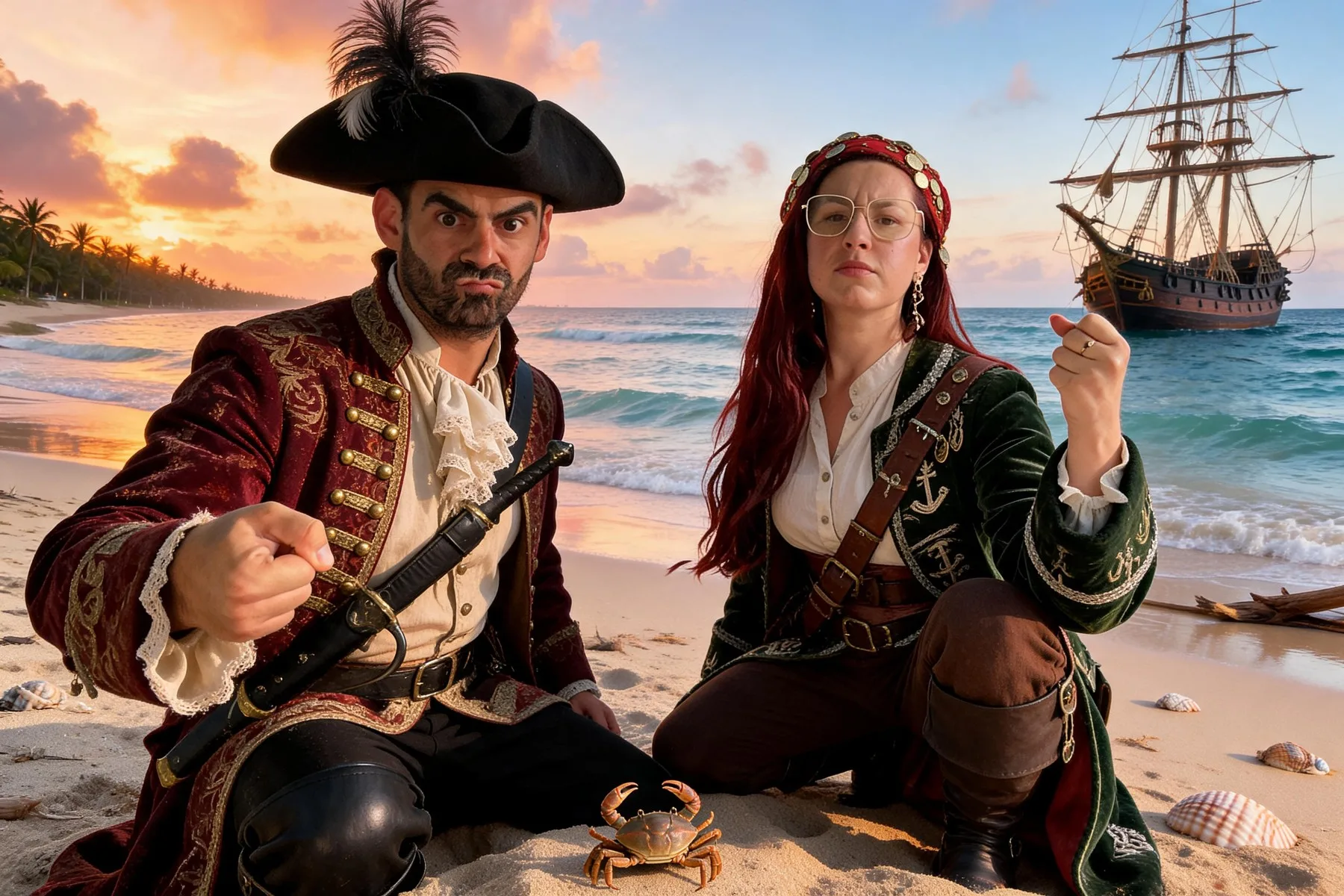 Pirates des Caraïbes sur plage au coucher de soleil — résultat IA FuturBooth