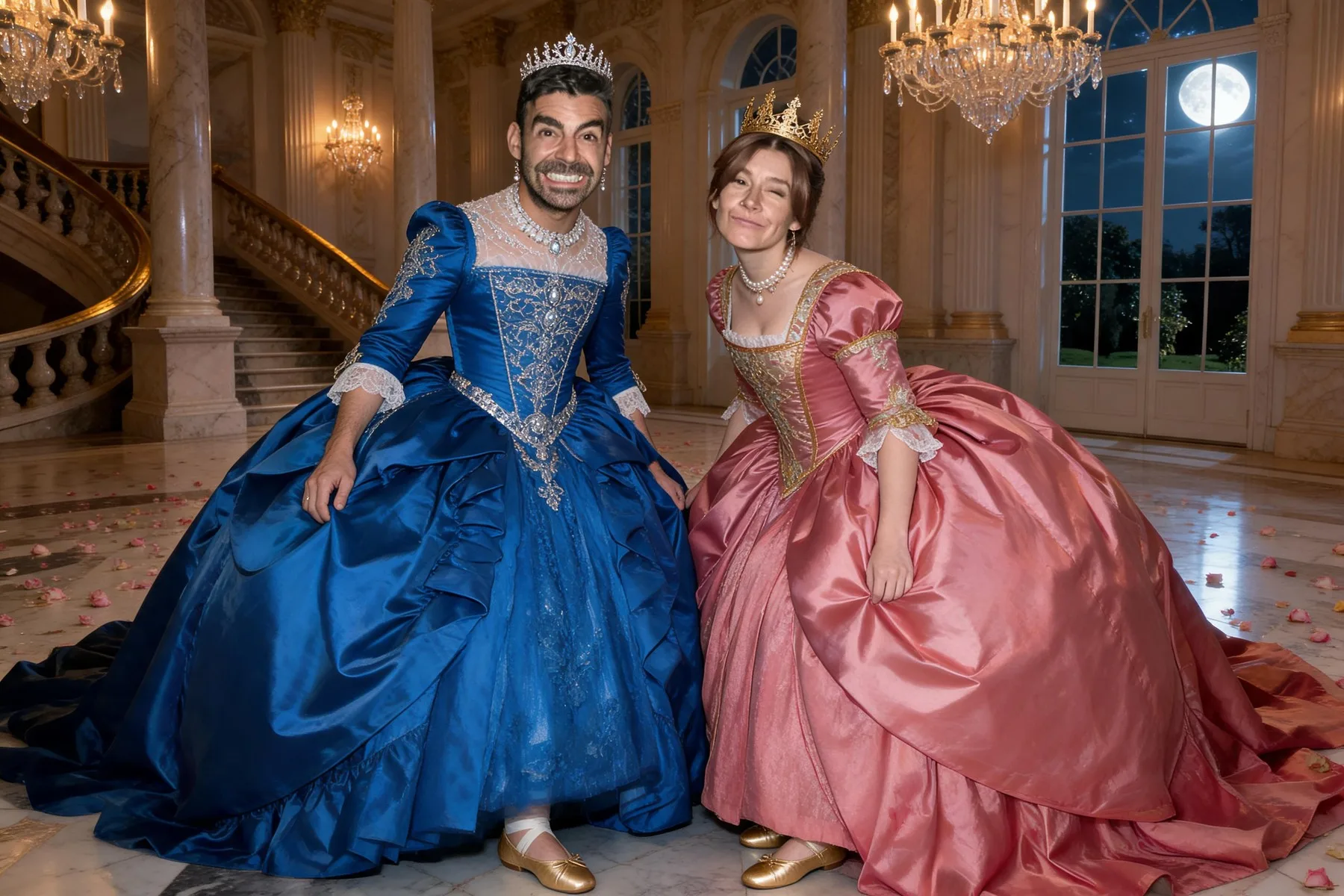 Duo royal en robes de bal dans un château — résultat IA FuturBooth