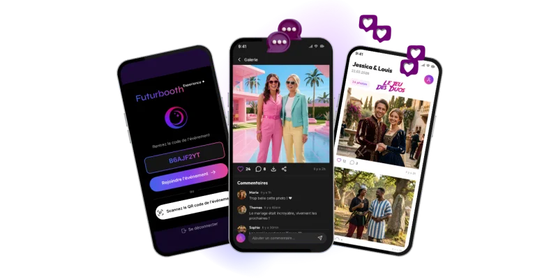 Les trois écrans de l'application invités Futurbooth Experience