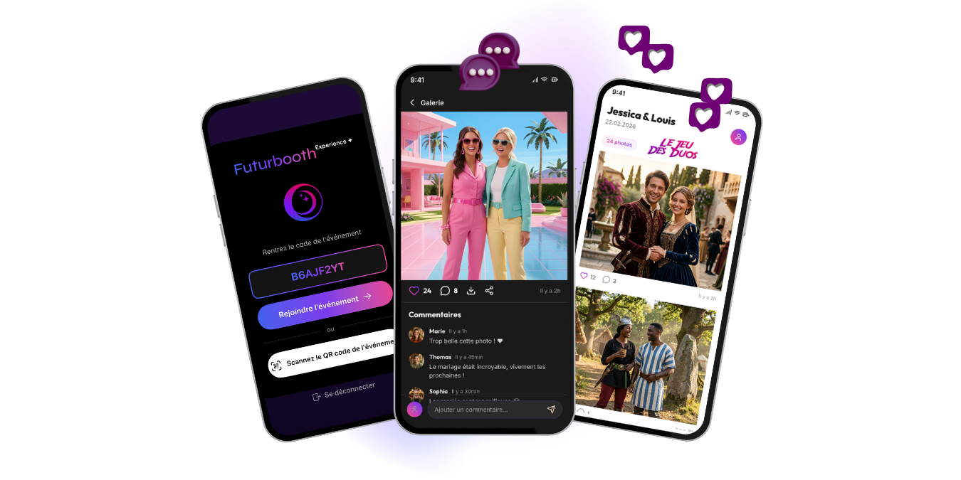 Application Futurbooth Experience sur smartphone — galerie privée événement